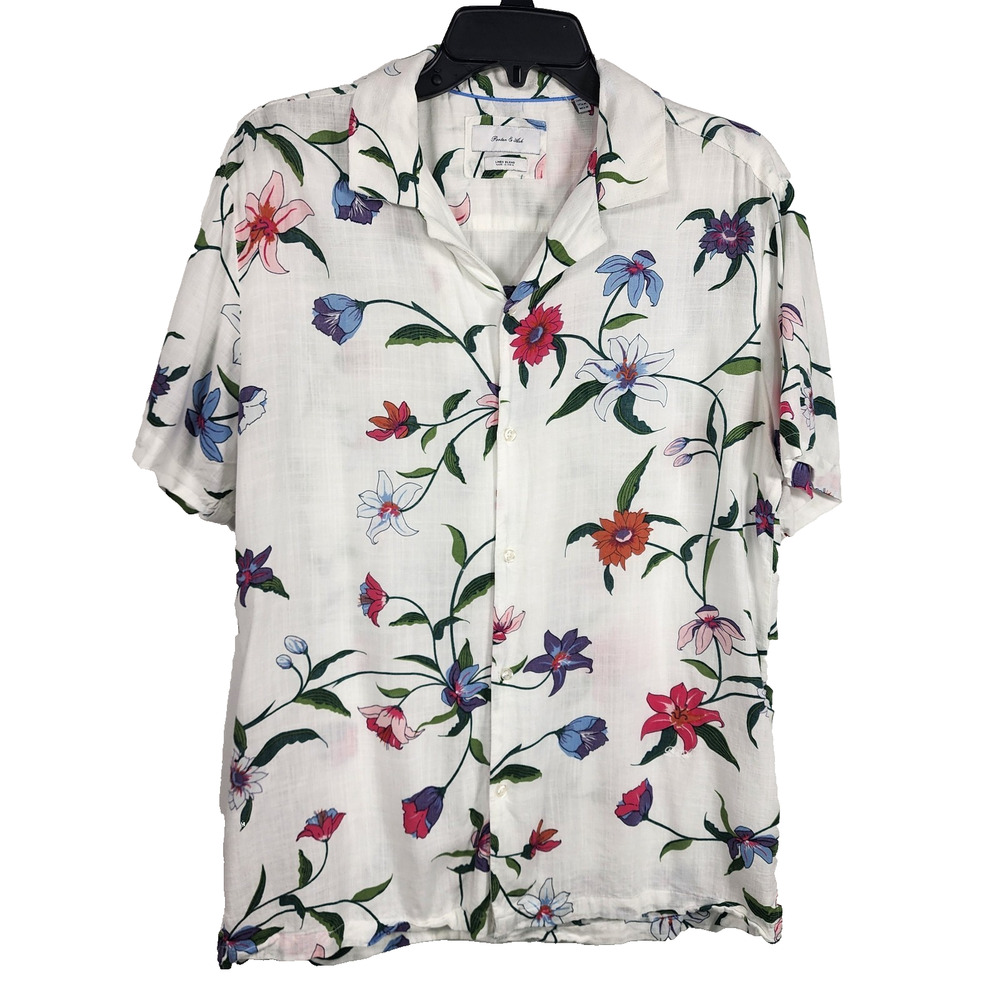 Porter Ash Men Linen Blend Floral Camp Button Shirt M White Short Sleeve Coastal